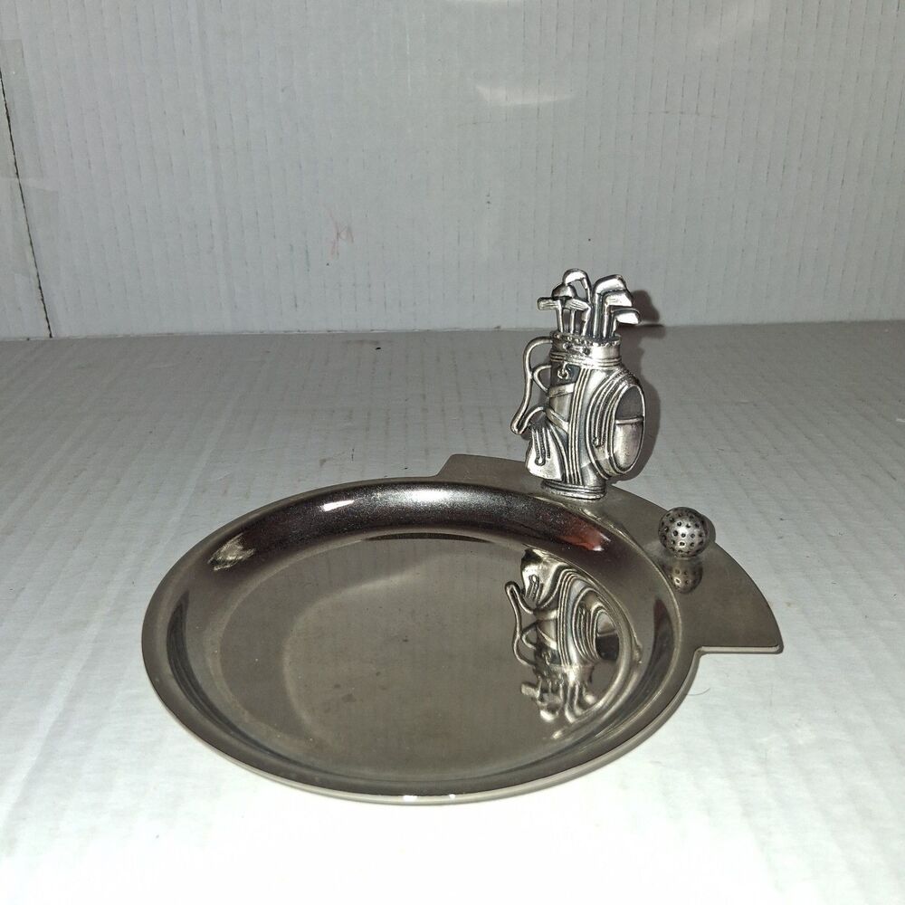 VTG 90’s Nickel Plated, Pewter Golf Theme Pocket Change Dish Golf Club Bag Ball